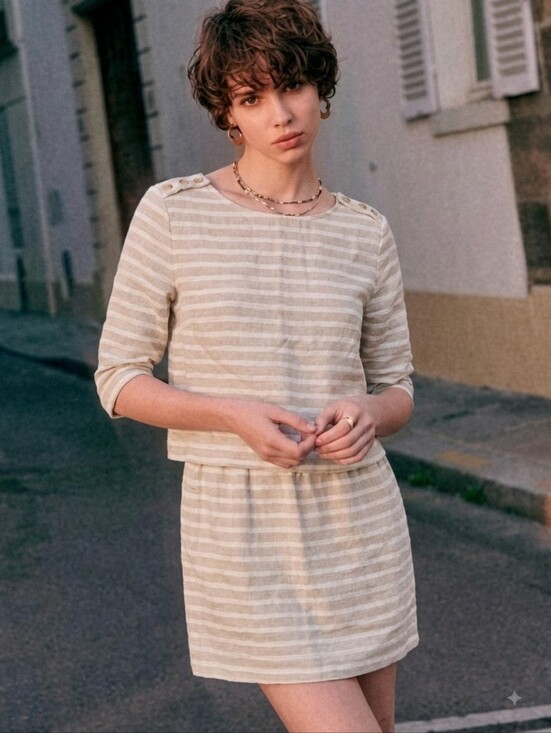 Sezane Dresses & Skirts - Sezane Cream and White Striped Mini Dress with Button-Shoulder